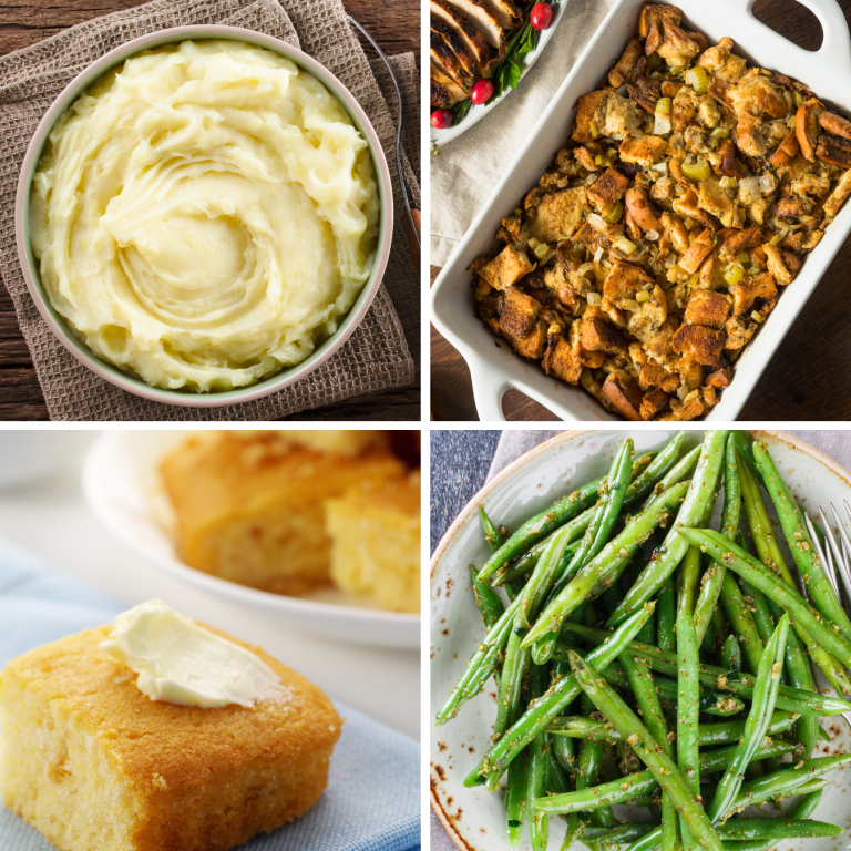 Mashed potatoes, stuffing, Green beans and cornbread side dishes for holiday dinner Holiday Catering Quakertown PA